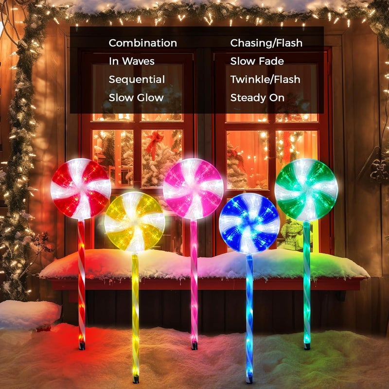 ILLUMINEW Outdoor Christmas Decorations Solar Pathway Lights, Set of 5 Lollipops Peppermint Stake Lights, 8 Modes Candy Cane Walkside Lights, Outdoor Xmas Decoration for Walkway,Yard - Image 3